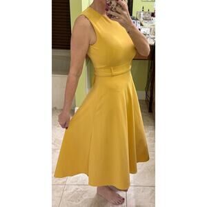Calvin Klein Dress Mustard Yellow Gold Size 4 Sleeveless Scuba Crepe Belted Midi